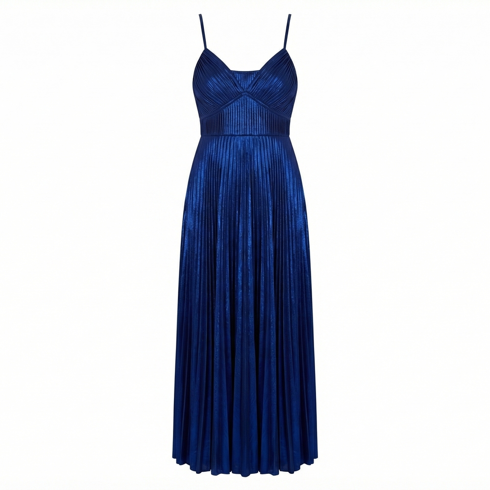 Midnight Blue Pleated Maxi Dress with Spaghetti Straps